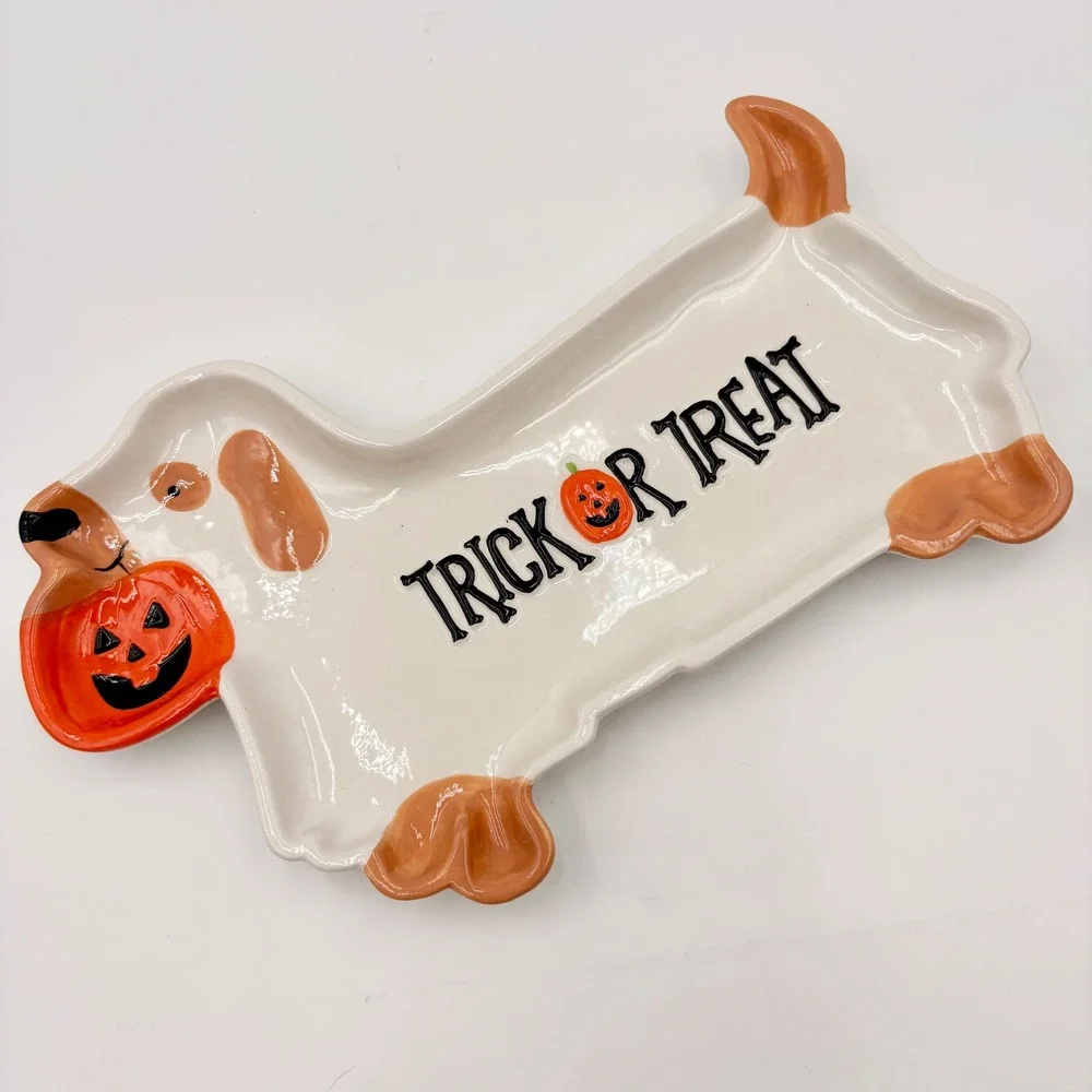 Boston Warehouse Halloween Ghost Dog Dachshund Ceramic Platter Trick Or Treat